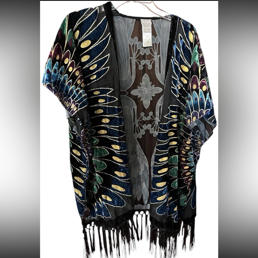 Chicos one size fits all Colorful Kimono with Peacock Feather Design and fringe